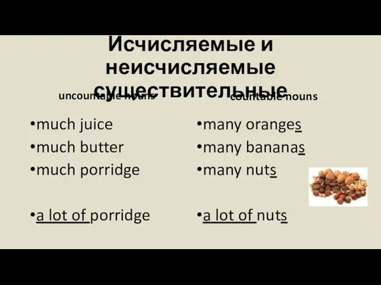 Исчисляемые и неисчисляемые существительные uncountable nouns much juice much butter much porridge