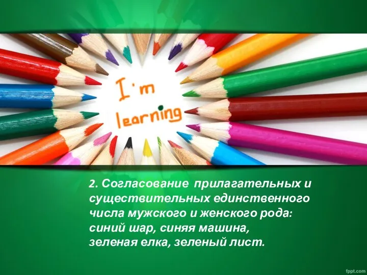 2. Согласование прилагательных и существительных единственного числа мужского и женского рода: синий