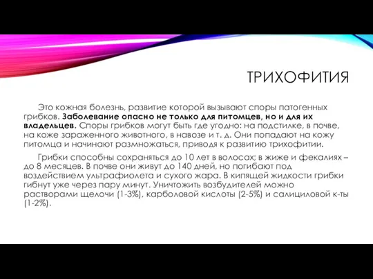 ТРИХОФИТИЯ Это кожная болезнь, развитие которой вызывают споры патогенных грибков. Заболевание опасно