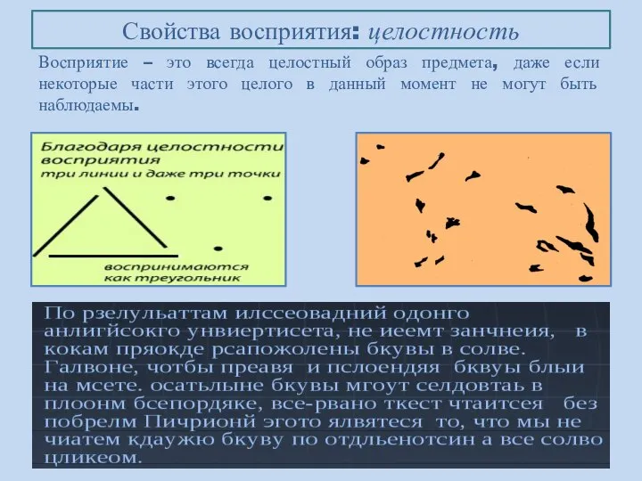 Свойства восприятия: целостность Восприятие – это всегда целостный образ предмета, даже если