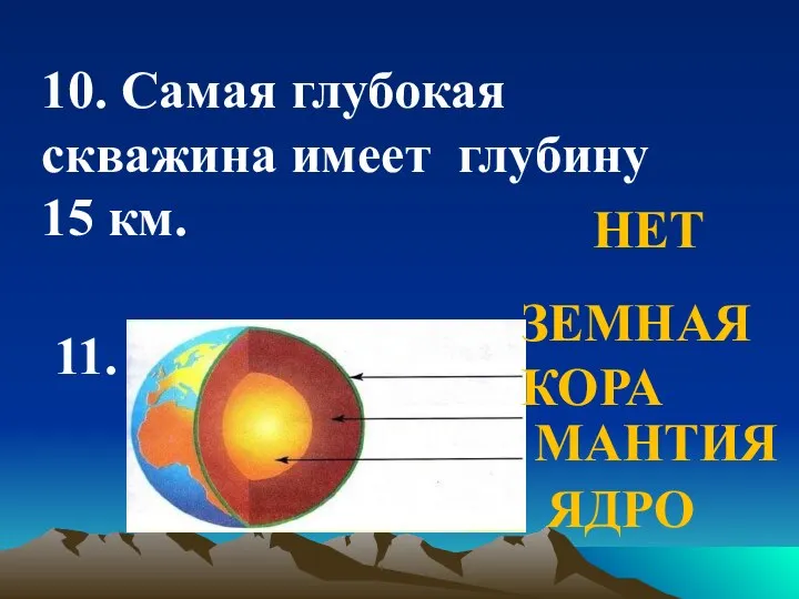 10. Самая глубокая скважина имеет глубину 15 км. НЕТ 11. ЯДРО МАНТИЯ ЗЕМНАЯ КОРА