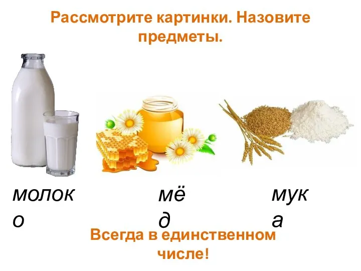 Рассмотрите картинки. Назовите предметы. молоко мёд мука Всегда в единственном числе!