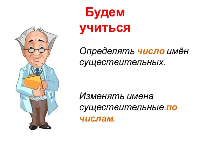 Будем учиться Определять число имён существительных. Изменять имена существительные по числам.