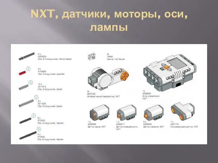 NXT, датчики, моторы, оси, лампы