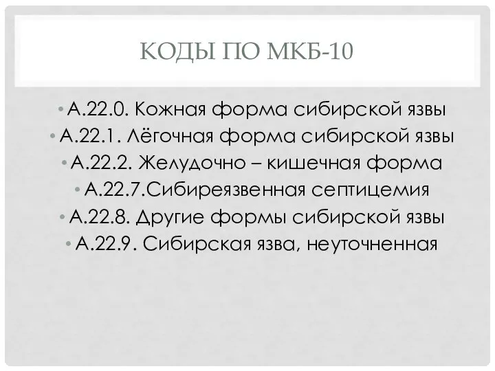 КОДЫ ПО МКБ-10 А.22.0. Кожная форма сибирской язвы А.22.1. Лёгочная форма сибирской