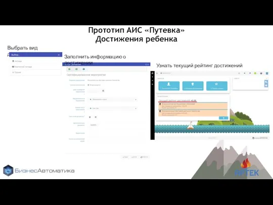 Прототип АИС «Путевка» Достижения ребенка Выбрать вид достижения Заполнить информацию о достижении Узнать текущий рейтинг достижений