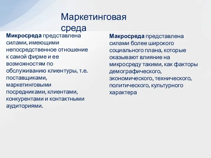 Маркетинговая среда Микросреда представлена силами, имеющими непосредственное отношение к самой фирме и