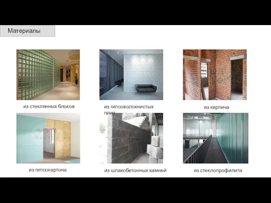 Материалы из стеклянных блоков из стеклопрофилита из гипсоволокнистых плит из кирпича из шлакобетонных камней из гипсокартона