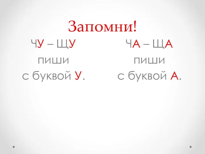 Запомни! ЧА – ЩА пиши с буквой А. ЧУ – ЩУ пиши с буквой У.