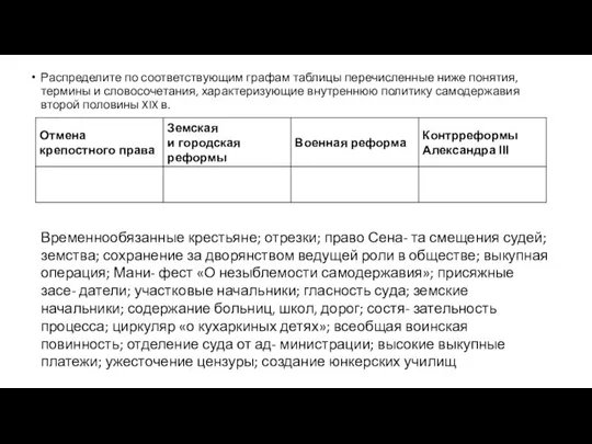 Распределите по соответствующим графам таблицы перечисленные ниже понятия, термины и словосочетания, характеризующие