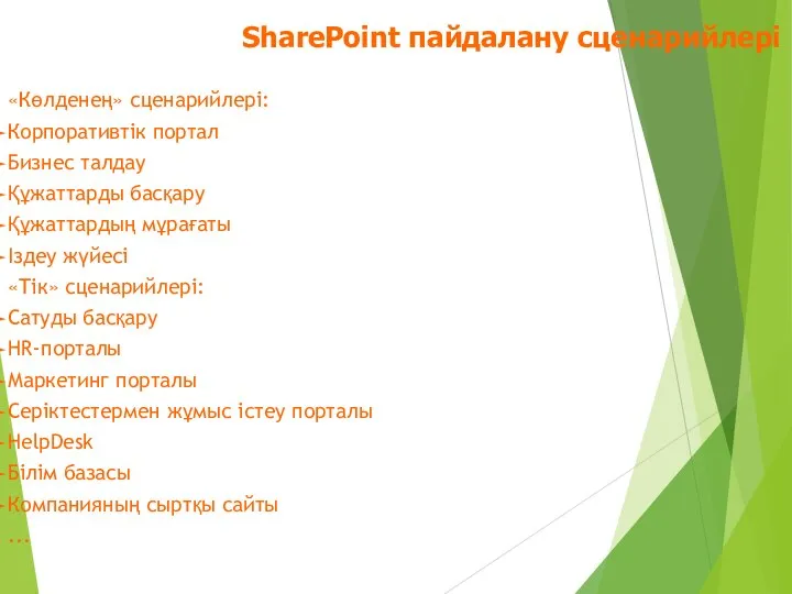 «Көлденең» сценарийлері: Корпоративтік портал Бизнес талдау Құжаттарды басқару Құжаттардың мұрағаты Іздеу жүйесі