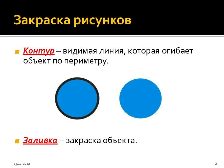 Закраска рисунков Контур – видимая линия, которая огибает объект по периметру. Заливка – закраска объекта. 13.12.2012