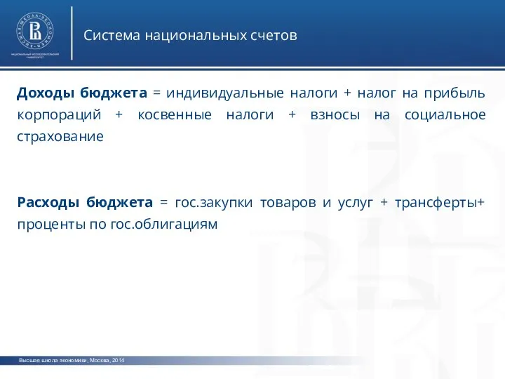 Высшая школа экономики, Москва, 2014 Система национальных счетов Доходы бюджета = индивидуальные