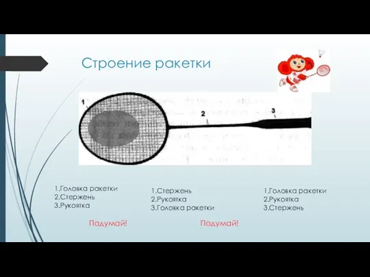 Строение ракетки 1.Головка ракетки 2.Стержень 3.Рукоятка 1.Стержень 2.Рукоятка 3.Головка ракетки 1.Головка ракетки 2.Рукоятка 3.Стержень Подумай! Подумай!