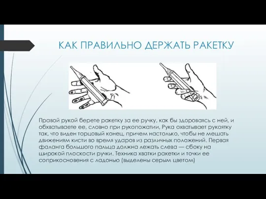 КАК ПРАВИЛЬНО ДЕРЖАТЬ РАКЕТКУ Правой рукой берете ракетку за ее ручку, как