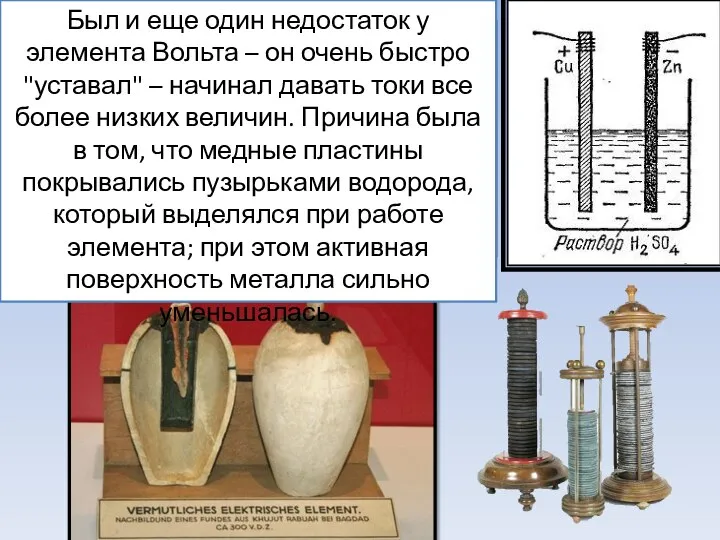 Все гальванические элементы того времени содержали жидкий электролит: раствор серной кислоты, как