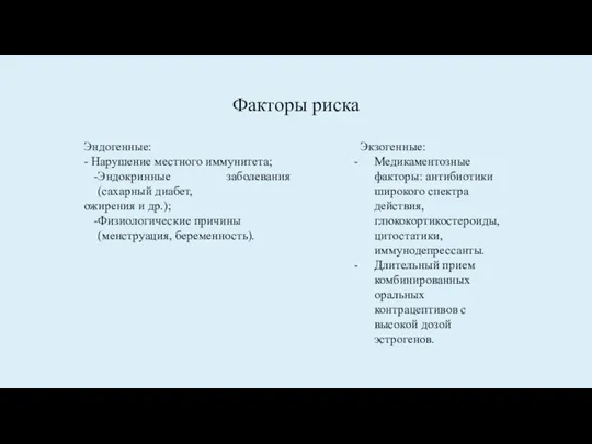 Факторы риска Экзогенные: Медикаментозные факторы: антибиотики широкого спектра действия, глюкокортикостероиды, цитостатики, иммунодепрессанты.