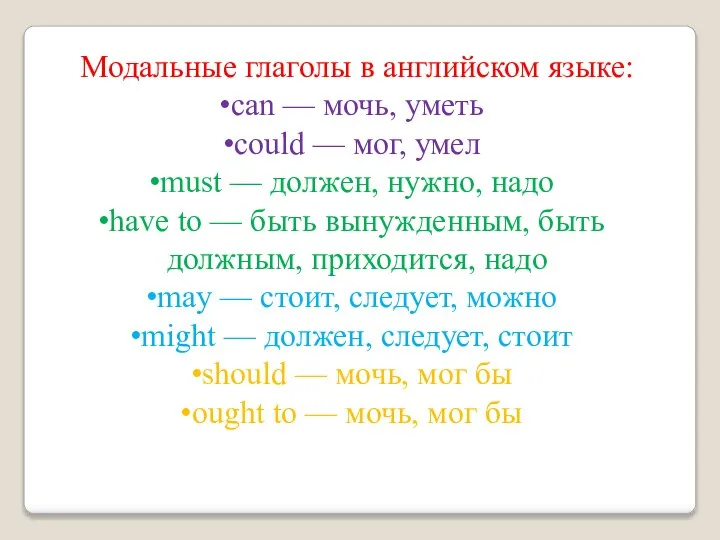 Модальные глаголы в английском языке: can — мочь, уметь could — мог,