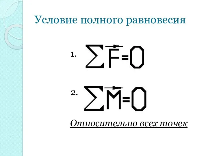 Условие полного равновесия 1. 2. Относительно всех точек