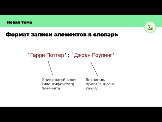 Формат записи элементов в словарь 'Гарри Поттер': 'Джоан Роулинг' Уникальный ключ (идентификатор)