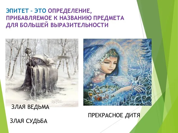 ЭПИТЕТ – ЭТО ОПРЕДЕЛЕНИЕ, ПРИБАВЛЯЕМОЕ К НАЗВАНИЮ ПРЕДМЕТА ДЛЯ БОЛЬШЕЙ ВЫРАЗИТЕЛЬНОСТИ ЗЛАЯ