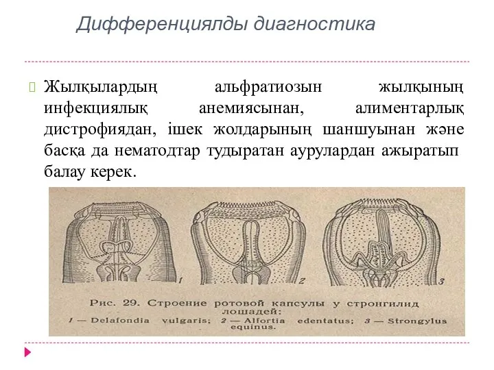 Дифференциялды диагностика Жылқылардың альфратиозын жылқының инфекциялық анемиясынан, алиментарлық дистрофиядан, ішек жолдарының шаншуынан