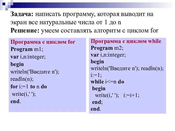 Задача: написать программу, которая выводит на экран все натуральные числа от 1