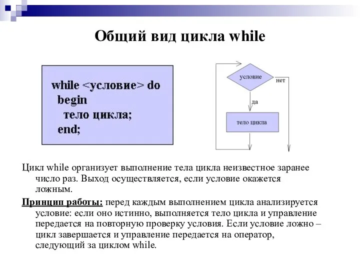 Общий вид цикла while Цикл while организует выполнение тела цикла неизвестное заранее