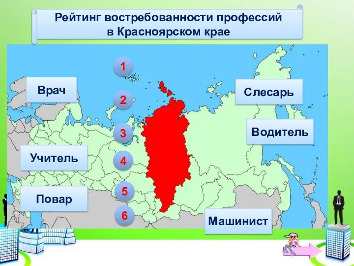 Рейтинг востребованности профессий в Красноярском крае Водитель 1 Слесарь 3 Машинист 2