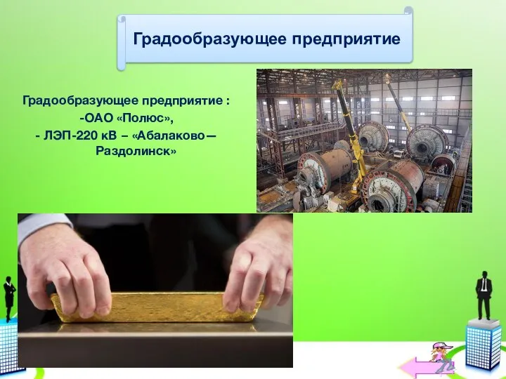 Градообразующее предприятие : -ОАО «Полюс», - ЛЭП-220 кВ − «Абалаково—Раздолинск» Градообразующее предприятие