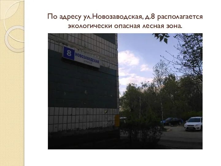 По адресу ул.Новозаводская, д.8 располагается экологически опасная лесная зона.