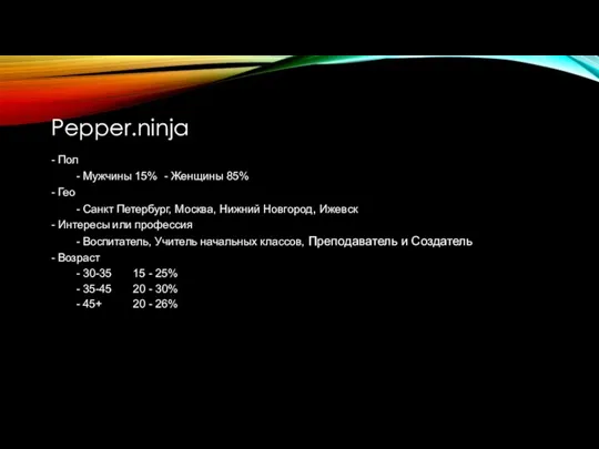 Рepper.ninja - Пол - Мужчины 15% - Женщины 85% - Гео -