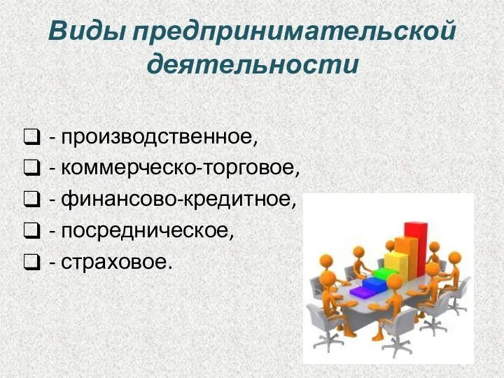 Виды предпринимательской деятельности - производственное, - коммерческо-торговое, - финансово-кредитное, - посредническое, - страховое.