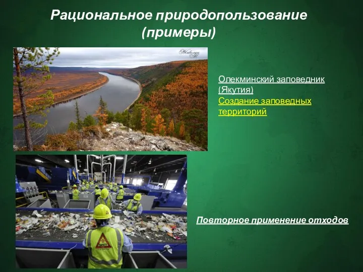 Рациональное природопользование (примеры) Олекминский заповедник (Якутия) Создание заповедных территорий Повторное применение отходов