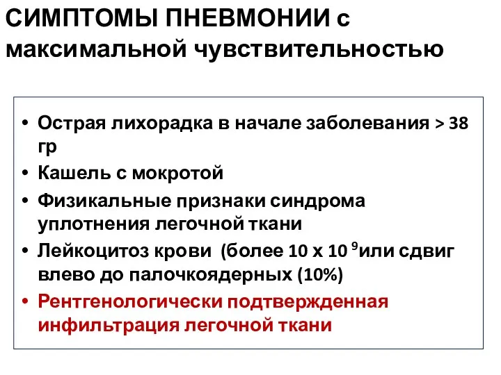 СИМПТОМЫ ПНЕВМОНИИ с максимальной чувствительностью Острая лихорадка в начале заболевания > 38