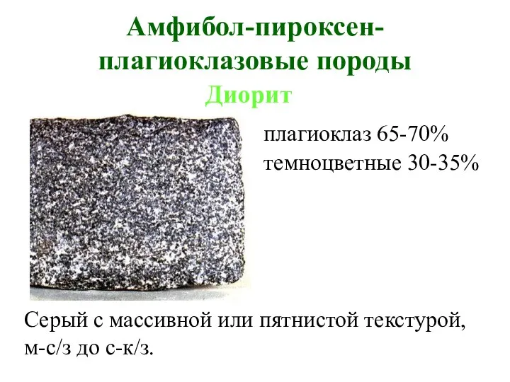 Амфибол-пироксен-плагиоклазовые породы Серый с массивной или пятнистой текстурой, м-с/з до с-к/з. Диорит плагиоклаз 65-70% темноцветные 30-35%