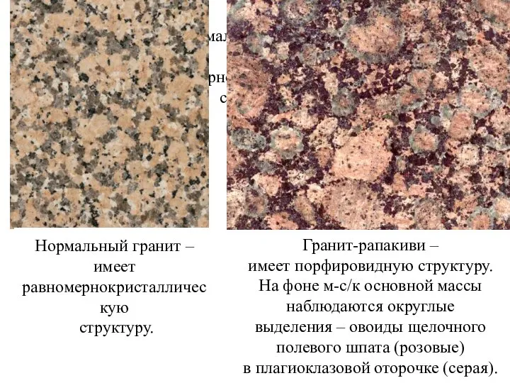 Нормальный гранит – имеет равномернокристаллическую структуру. Нормальный гранит – имеет равномернокристаллическую структуру.