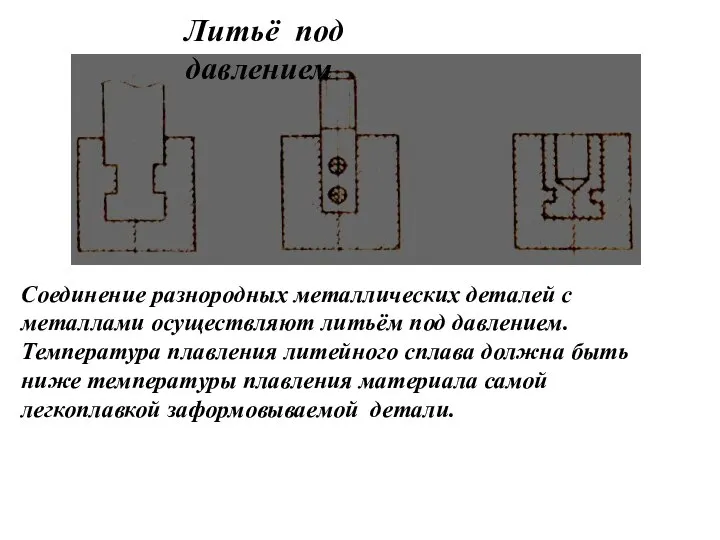 Соединение разнородных металлических деталей с металлами осуществляют литьём под давлением. Температура плавления