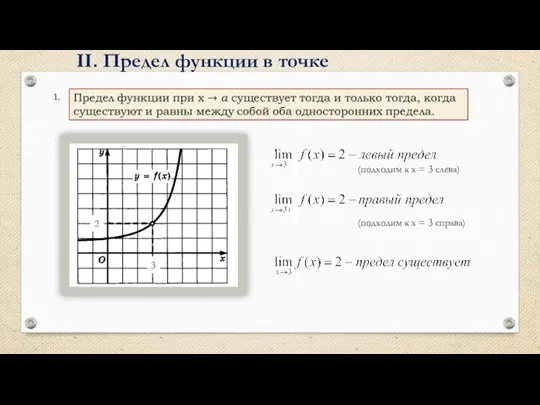 II. Предел функции в точке (подходим к х = 3 слева) (подходим