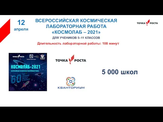 ВСЕРОССИЙСКАЯ КОСМИЧЕСКАЯ ЛАБОРАТОРНАЯ РАБОТА «КОСМОЛАБ – 2021» 12 апреля ДЛЯ УЧЕНИКОВ 5–11