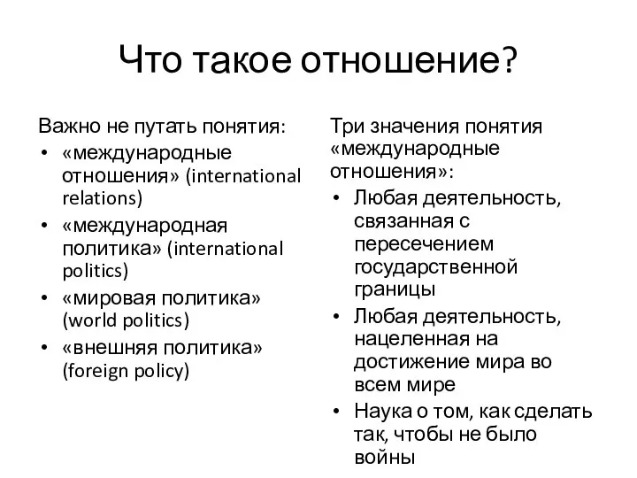 Что такое отношение? Важно не путать понятия: «международные отношения» (international relations) «международная