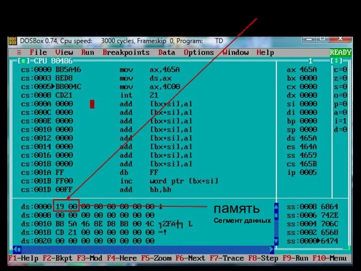 16-разрядный процессор целые числа ds – сегмент данных; cs – сегмент кода =19(16) память Сегмент данных