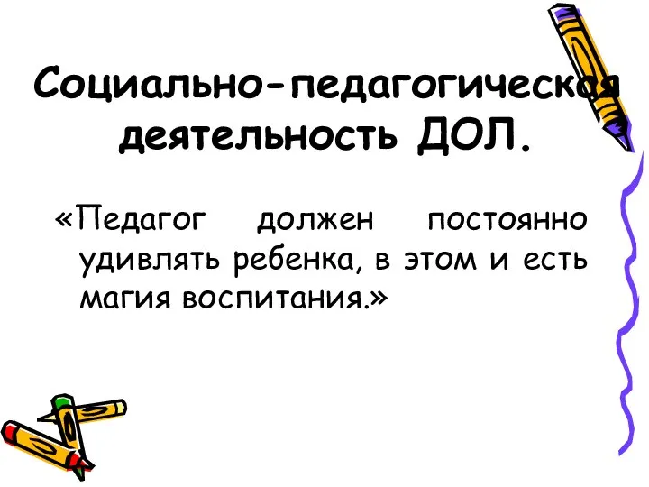 Социально-педагогическая деятельность ДОЛ. «Педагог должен постоянно удивлять ребенка, в этом и есть магия воспитания.»