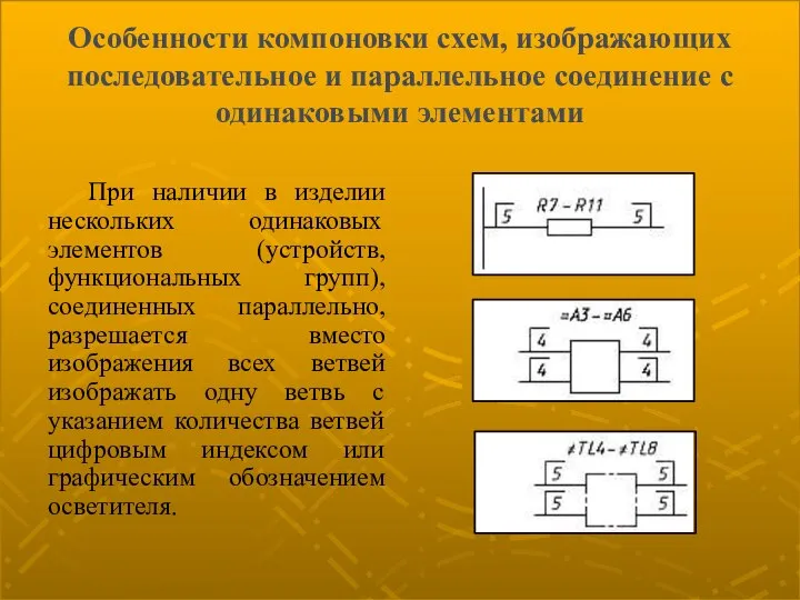 Особенности компоновки схем, изображающих последовательное и параллельное соединение с одинаковыми элементами При