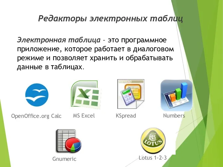 Редакторы электронных таблиц Электронная таблица – это программное приложение, которое работает в