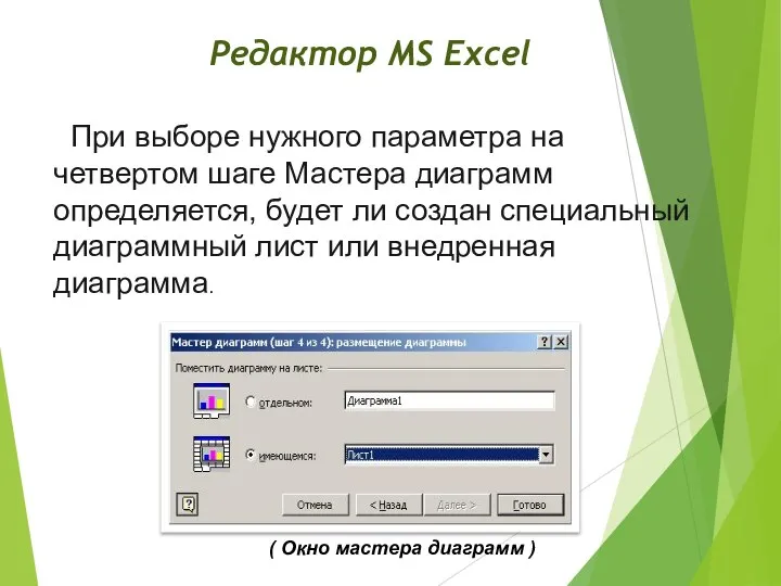 Редактор MS Excel При выборе нужного параметра на четвертом шаге Мастера диаграмм