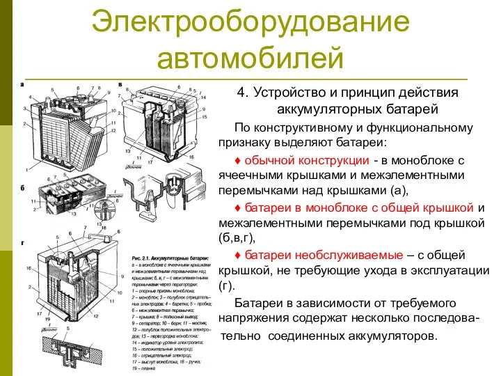 Электрооборудование автомобилей 4. Устройство и принцип действия аккумуляторных батарей По конструктивному и