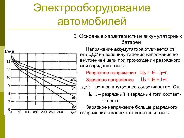 Электрооборудование автомобилей 5. Основные характеристики аккумуляторных батарей Напряжение аккумулятора отличается от его