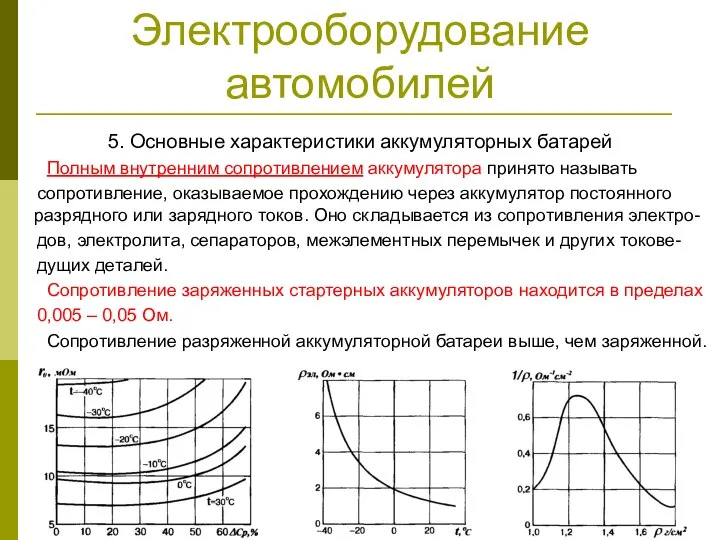 Электрооборудование автомобилей 5. Основные характеристики аккумуляторных батарей Полным внутренним сопротивлением аккумулятора принято