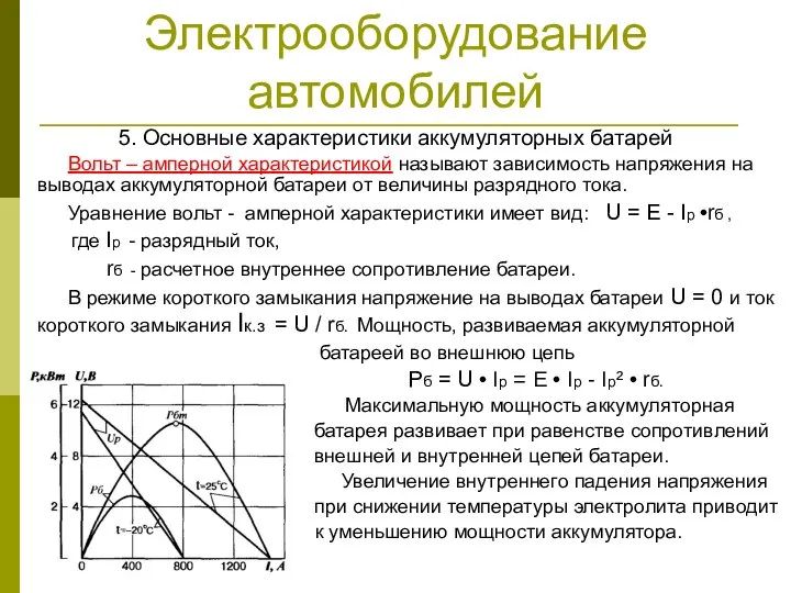 Электрооборудование автомобилей 5. Основные характеристики аккумуляторных батарей Вольт – амперной характеристикой называют